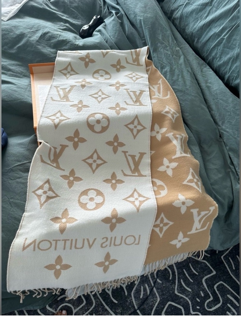 Louis Vuitton Monogram Reversible Throw in Cream and Tan